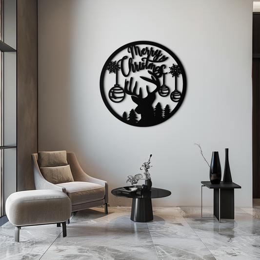 Merry Christmas Metal Wall Art - Festive Reindeer Silhouette Decor- KAF288