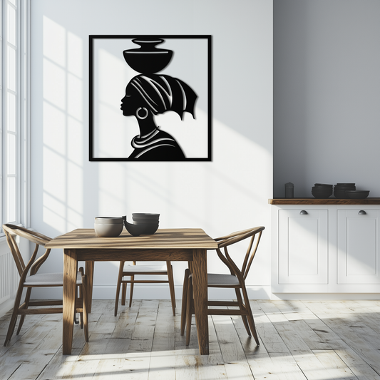 African Woman Metal Wall Art – Elegant Tribal Silhouette Steel Decor for Cultural and Boho Interiors- KAF338