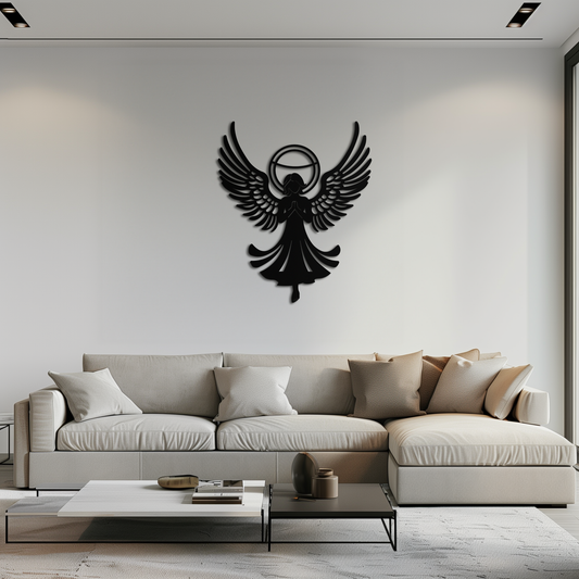 Guardian Angel Metal Wall Art – Spiritual Angel Silhouette with Halo for Home Blessing Decor- KAF359