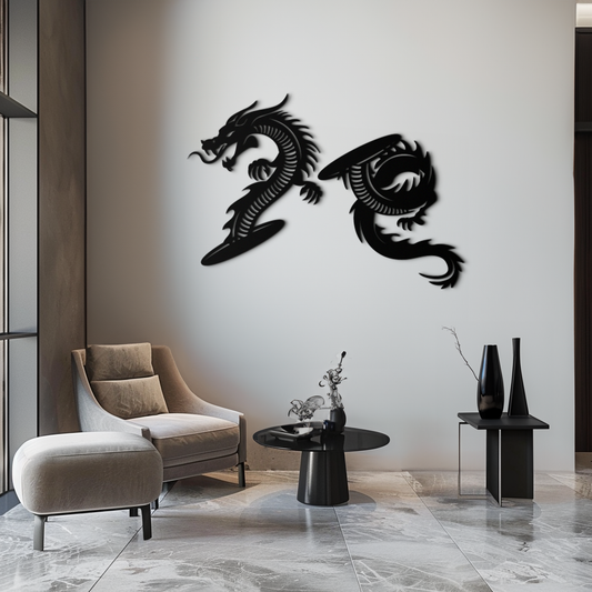 Yin Yang Dragon Duo Metal Wall Art – Eastern-Inspired Black Steel Decor for Modern, Zen and Asian-Themed Interiors- KAF464