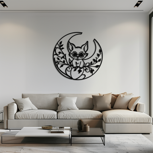 Moon Cat Silhouette Metal Wall Art – Black Steel Whimsical Pet Lover Decor- KAF492