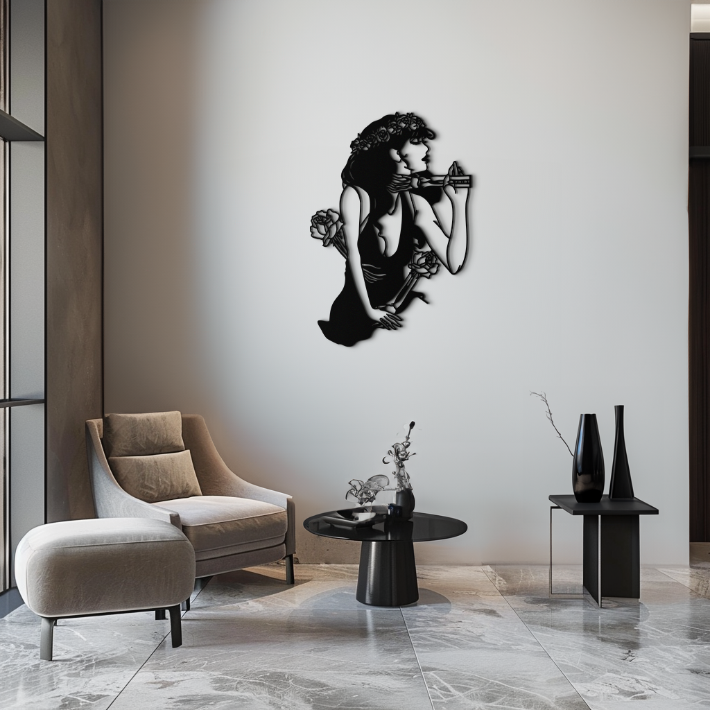 Skeleton Embrace Rose Lady Metal Wall Art – Romantic Gothic Silhouette Decor- KAF632