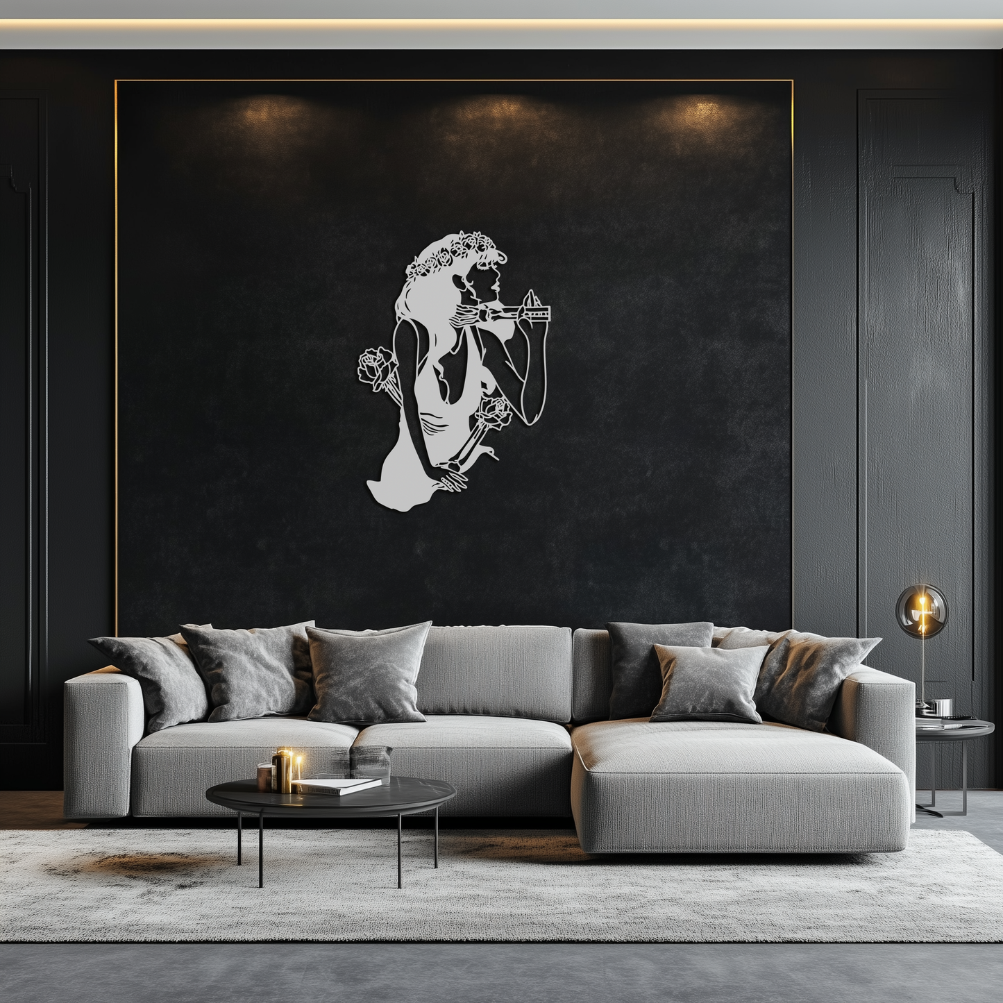 Skeleton Embrace Rose Lady Metal Wall Art – Romantic Gothic Silhouette Decor- KAF632