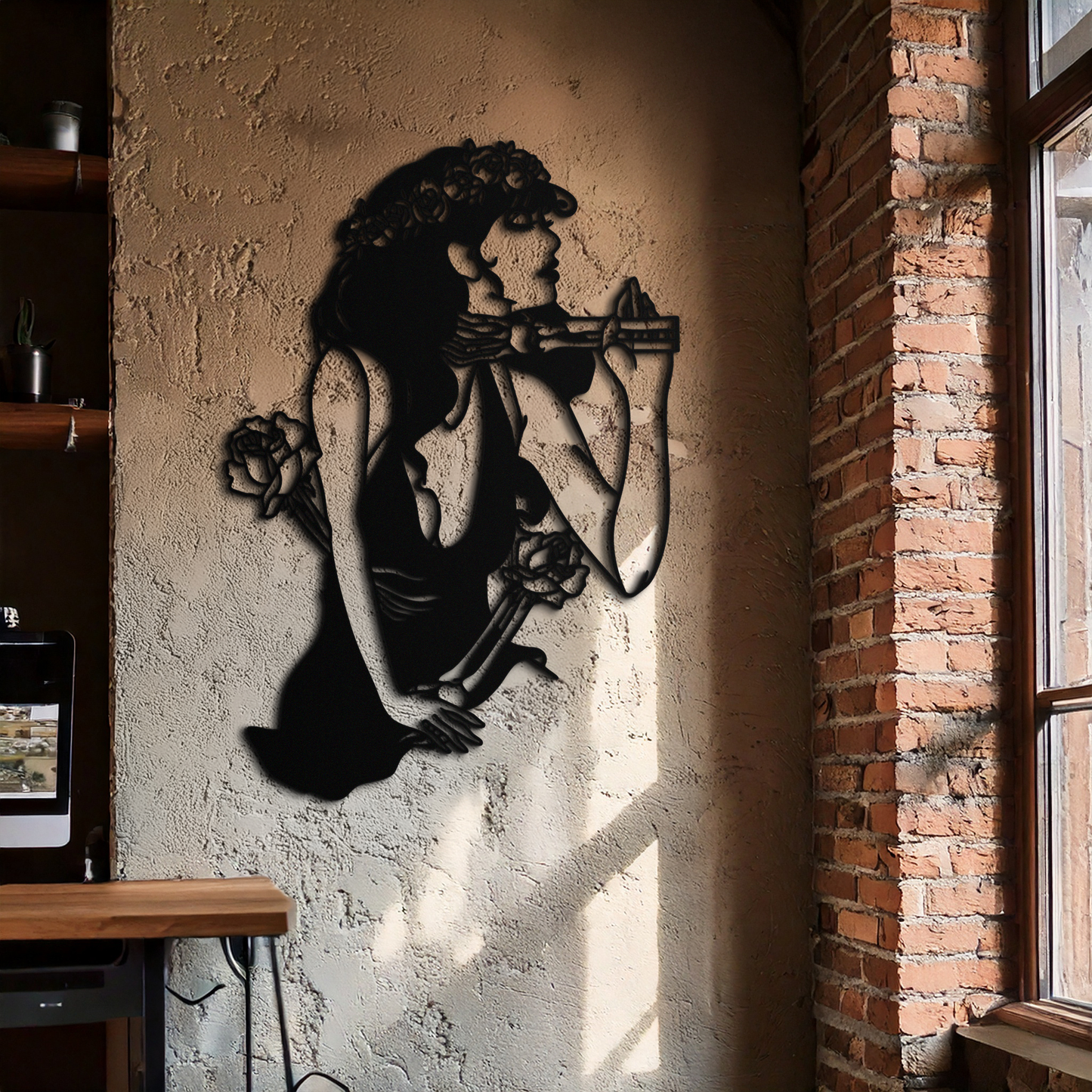 Skeleton Embrace Rose Lady Metal Wall Art – Romantic Gothic Silhouette Decor- KAF632