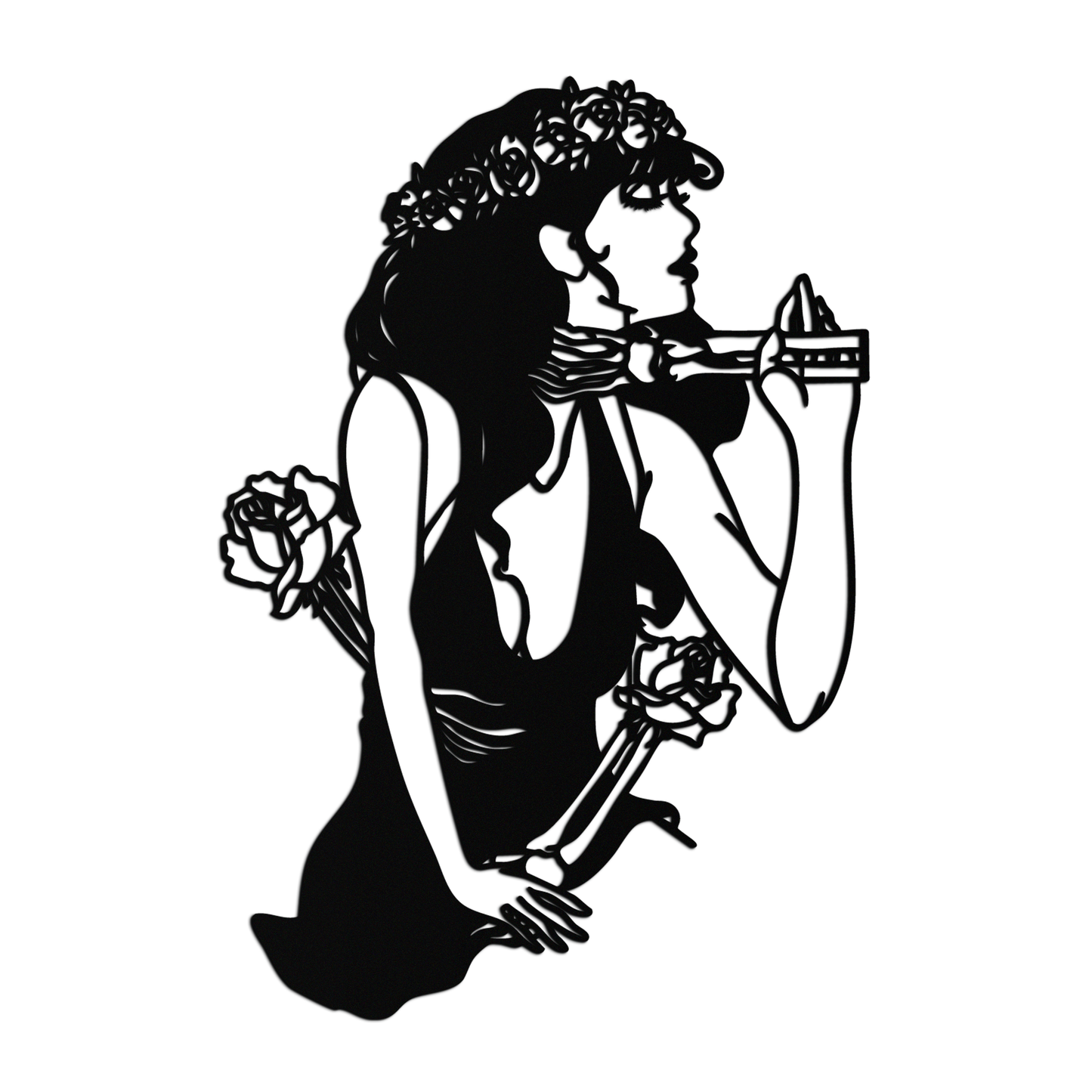 Skeleton Embrace Rose Lady Metal Wall Art – Romantic Gothic Silhouette Decor- KAF632