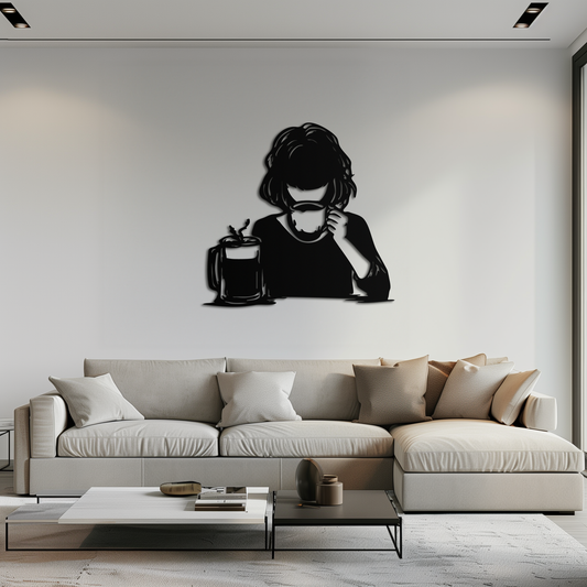 Coffee Girl Silhouette Metal Wall Art – Cozy Black Modern Home Decor for Coffee - KAF683