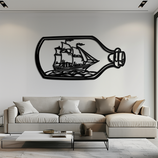 Sailboat in a Bottle Metal Wall Art – Nautical-Inspired Silhouette for Ocean Dreamers- KAF692