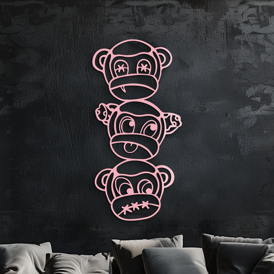 Pink Three Monkeys Metal Wall Art – Playful See No Evil, Hear No Evil, Speak No Evil Design - KAFGP004
