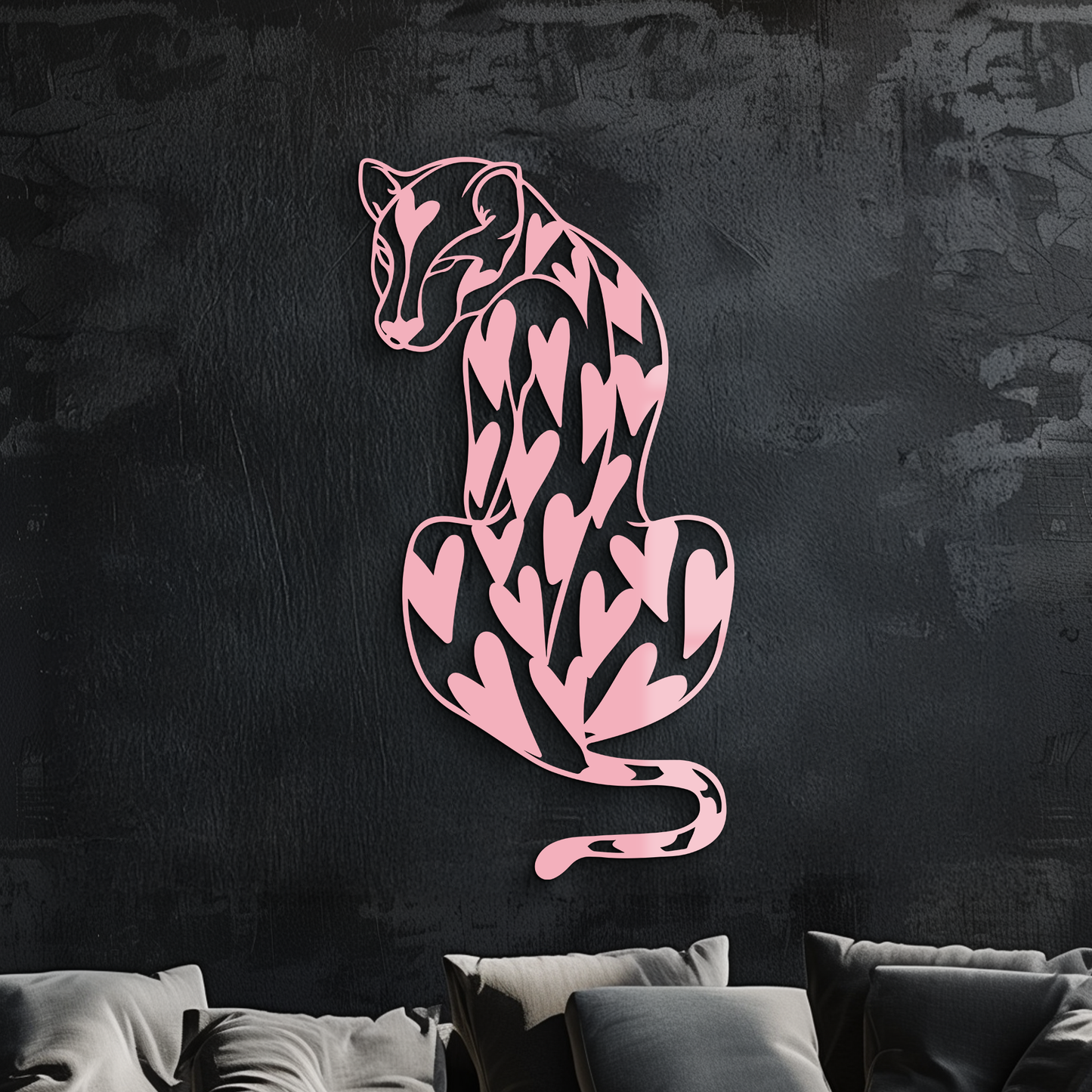 Heart Pattern Leopard Silhouette Metal Wall Art – Modern Animal Design - KAFGP044