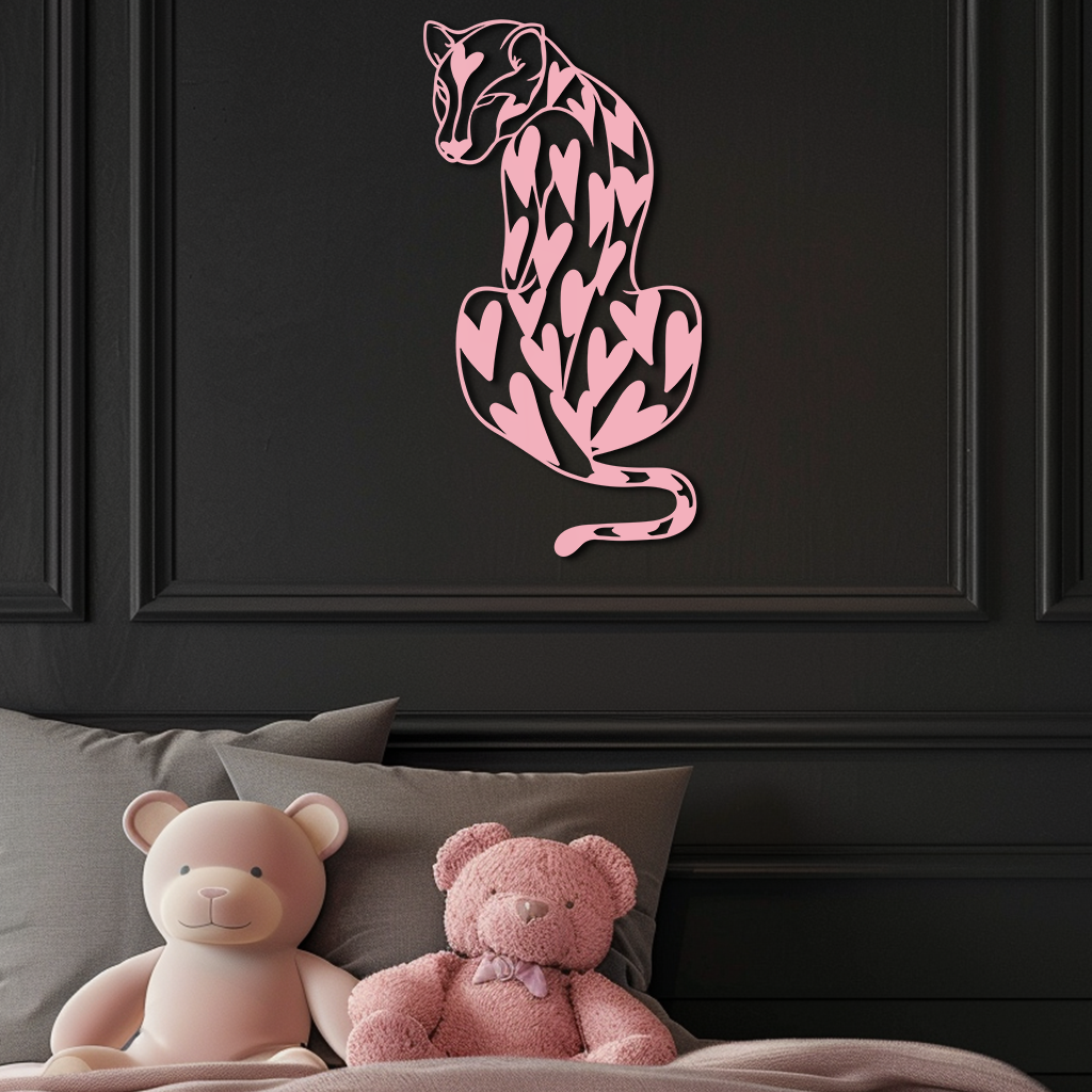 Heart Pattern Leopard Silhouette Metal Wall Art – Modern Animal Design - KAFGP044