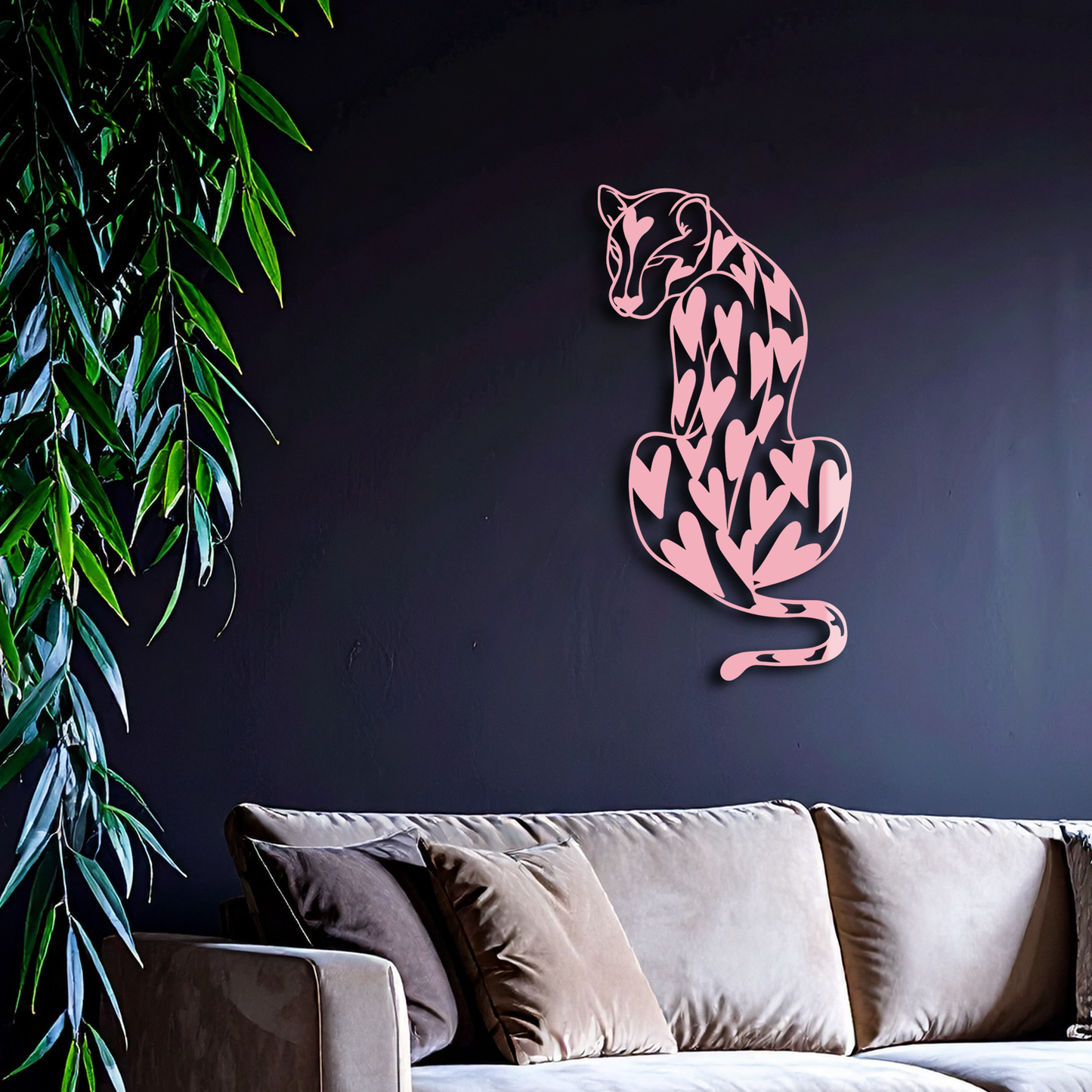 Heart Pattern Leopard Silhouette Metal Wall Art – Modern Animal Design - KAFGP044