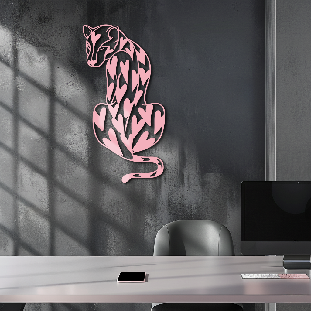 Heart Pattern Leopard Silhouette Metal Wall Art – Modern Animal Design - KAFGP044
