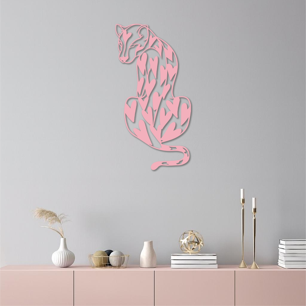 Heart Pattern Leopard Silhouette Metal Wall Art – Modern Animal Design - KAFGP044