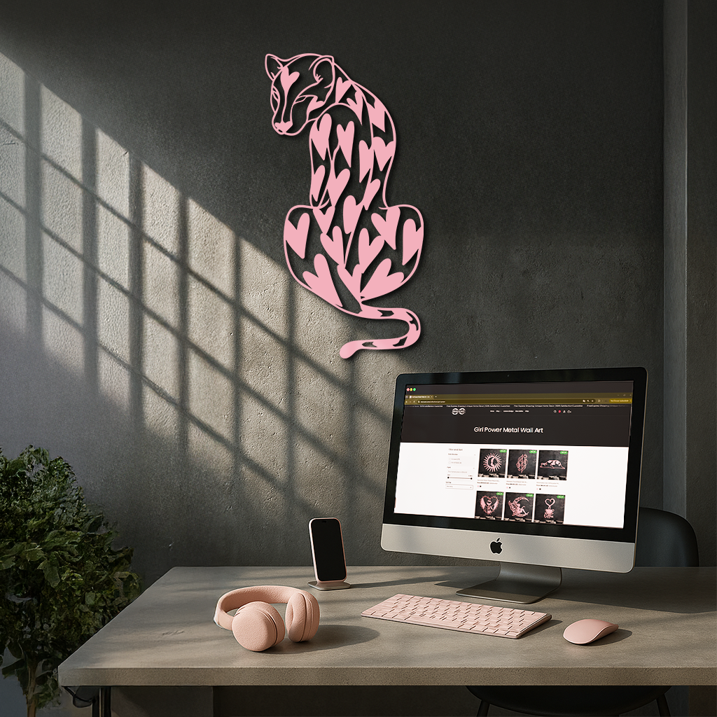 Heart Pattern Leopard Silhouette Metal Wall Art – Modern Animal Design - KAFGP044