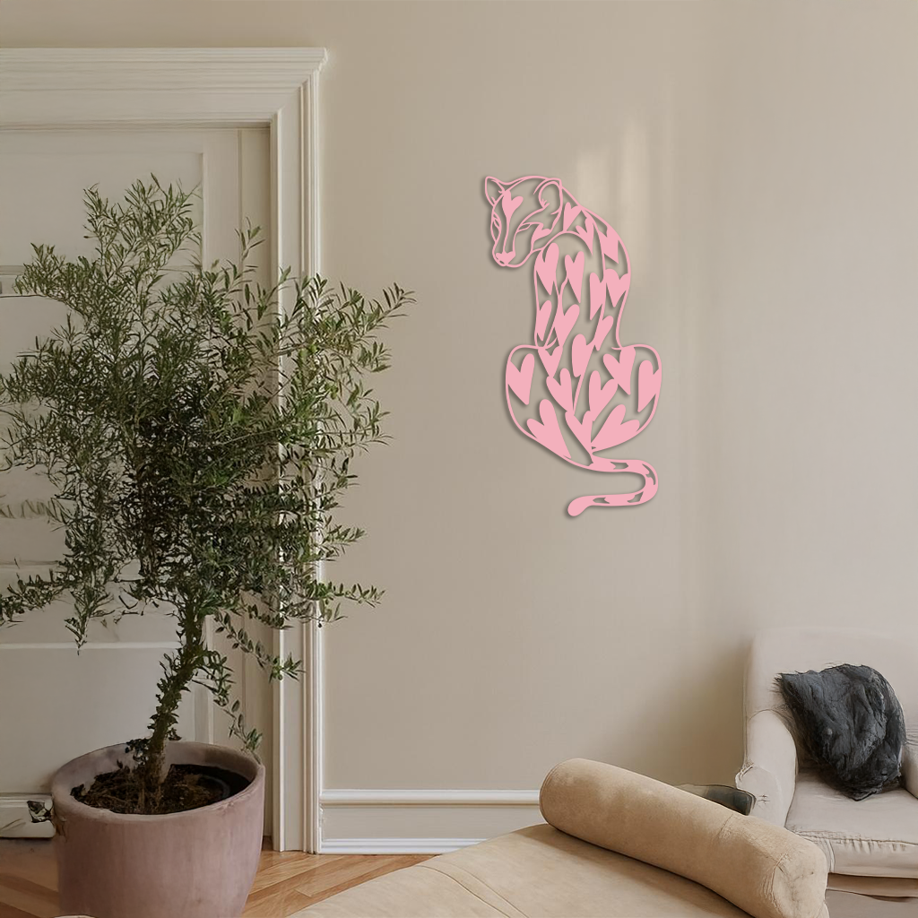 Heart Pattern Leopard Silhouette Metal Wall Art – Modern Animal Design - KAFGP044