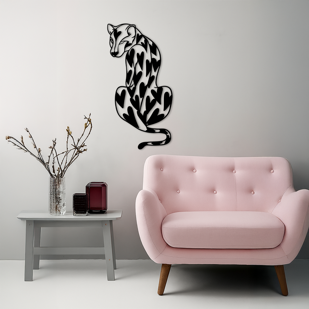Heart Pattern Leopard Silhouette Metal Wall Art – Modern Animal Design - KAFGP044