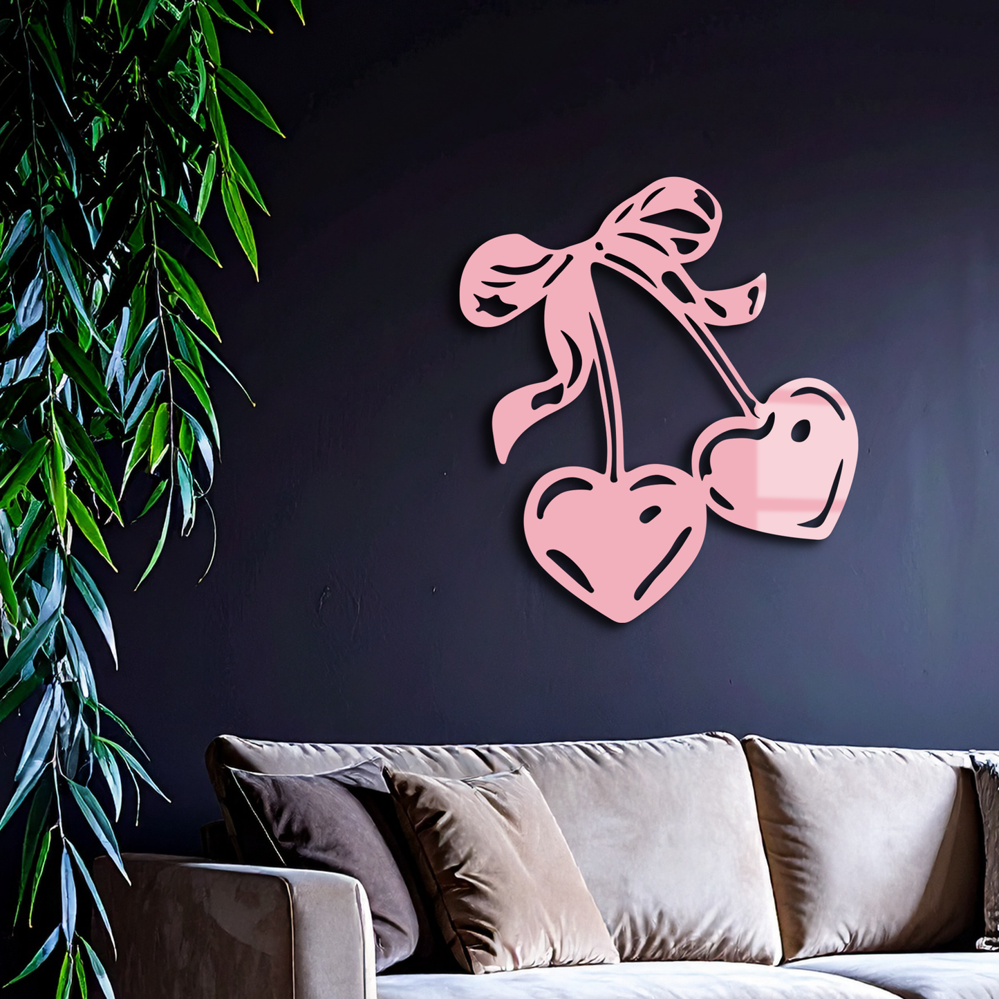 Cherry Heart Silhouette Metal Wall Art – Romantic Bow Design - KAFGP046