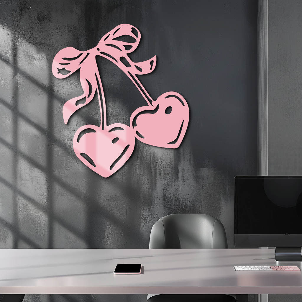 Cherry Heart Silhouette Metal Wall Art – Romantic Bow Design - KAFGP046
