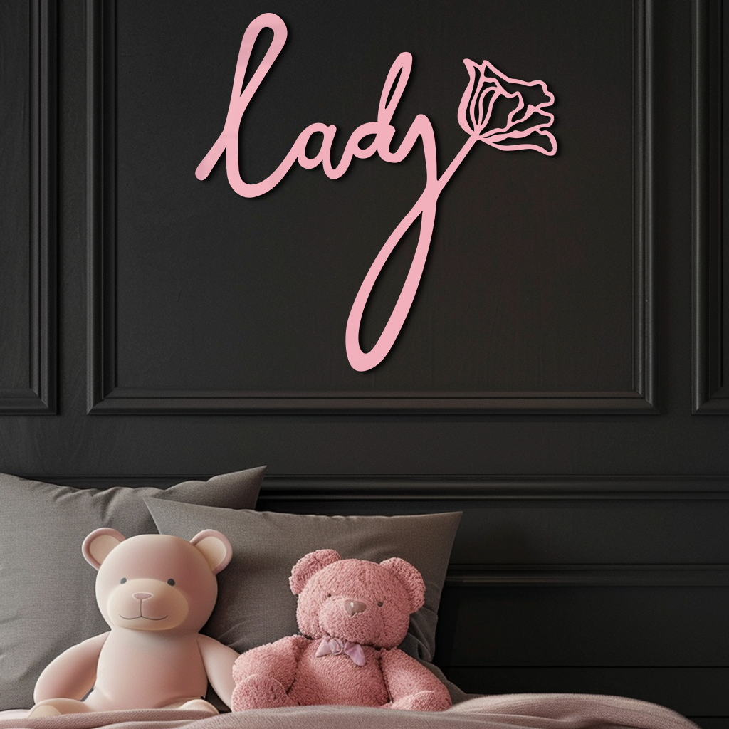 Lady Script Word Metal Wall Art – Elegant Floral Typography Decor - KAFGP096