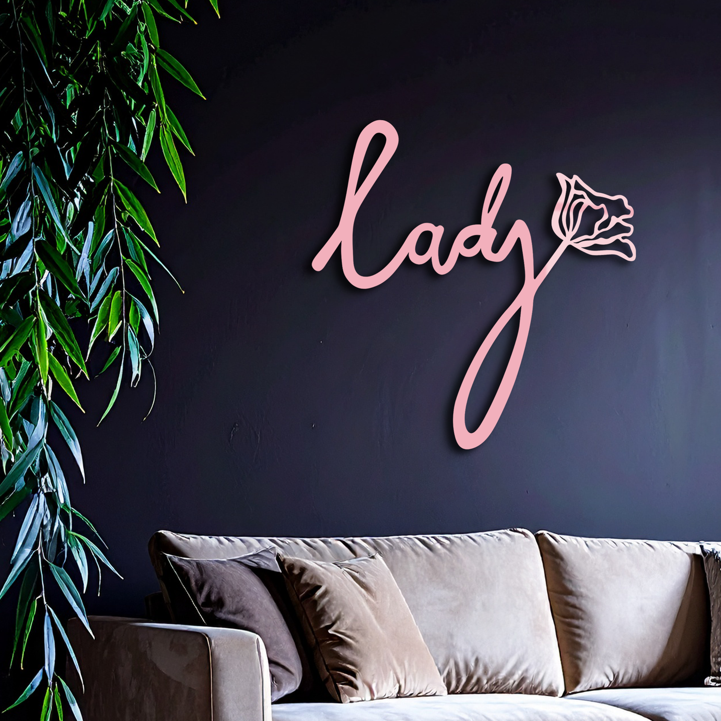 Lady Script Word Metal Wall Art – Elegant Floral Typography Decor - KAFGP096
