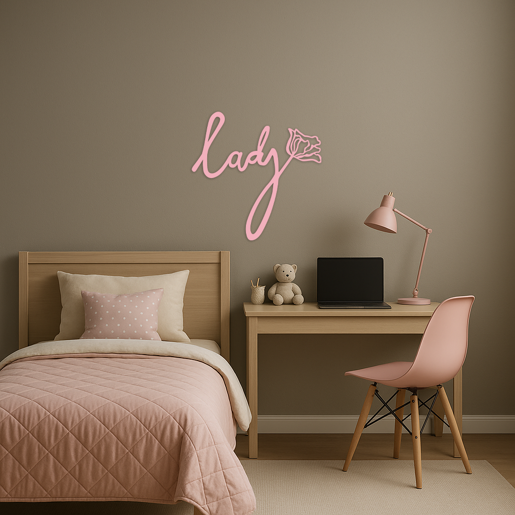 Lady Script Word Metal Wall Art – Elegant Floral Typography Decor - KAFGP096