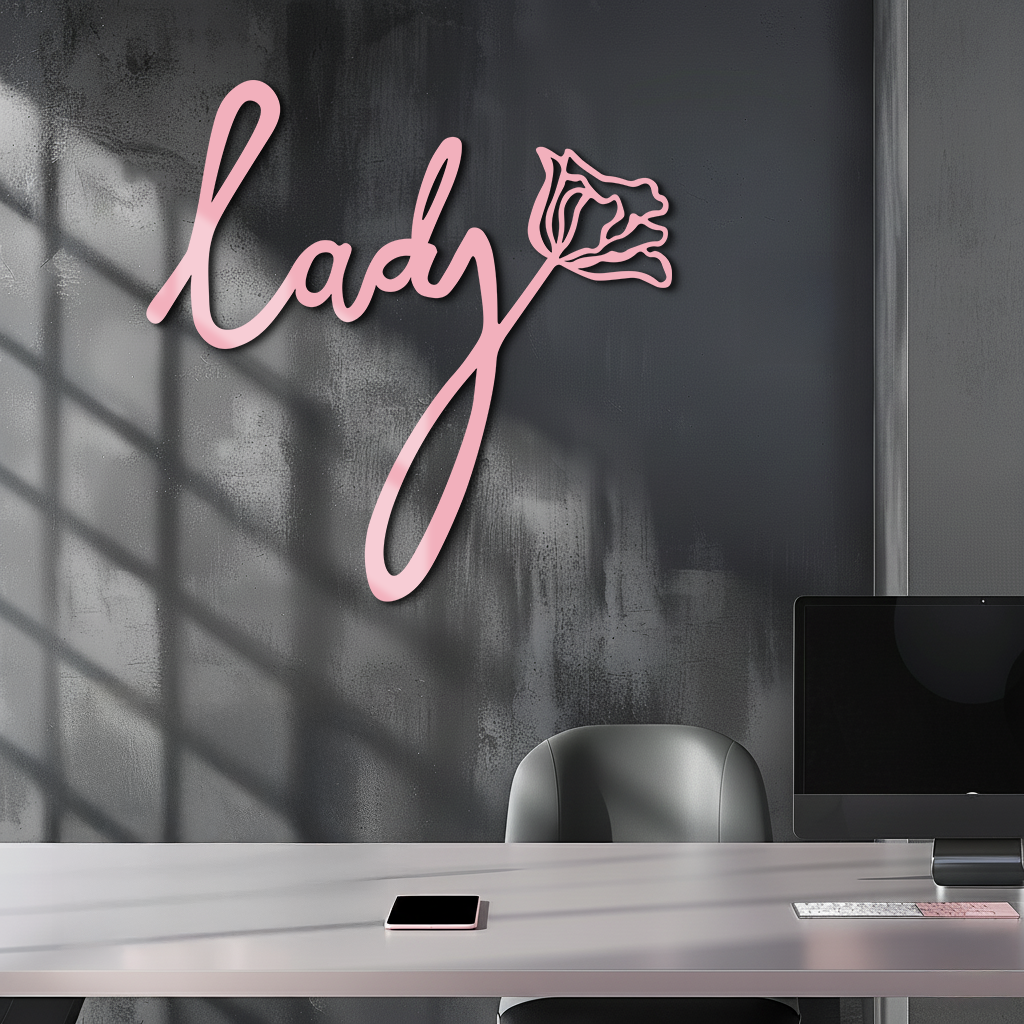 Lady Script Word Metal Wall Art – Elegant Floral Typography Decor - KAFGP096