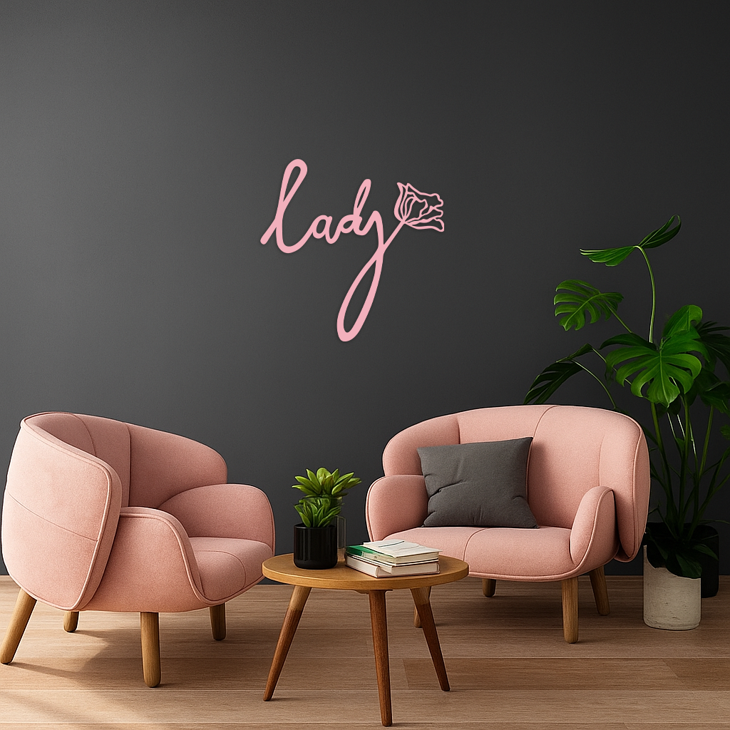Lady Script Word Metal Wall Art – Elegant Floral Typography Decor - KAFGP096