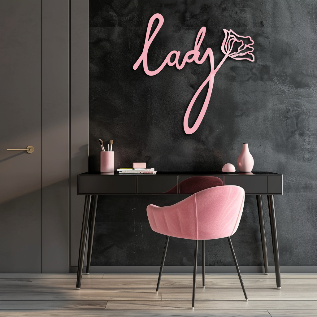 Lady Script Word Metal Wall Art – Elegant Floral Typography Decor - KAFGP096