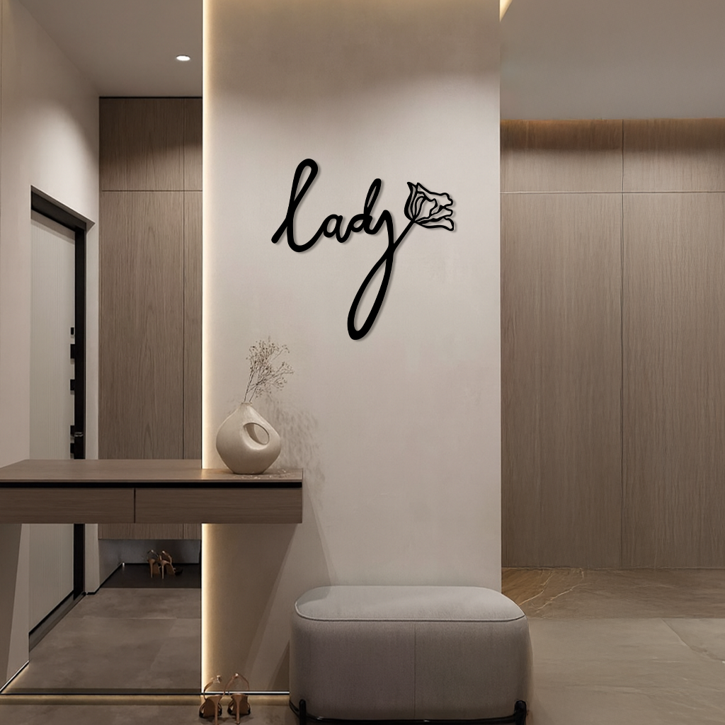 Lady Script Word Metal Wall Art – Elegant Floral Typography Decor - KAFGP096