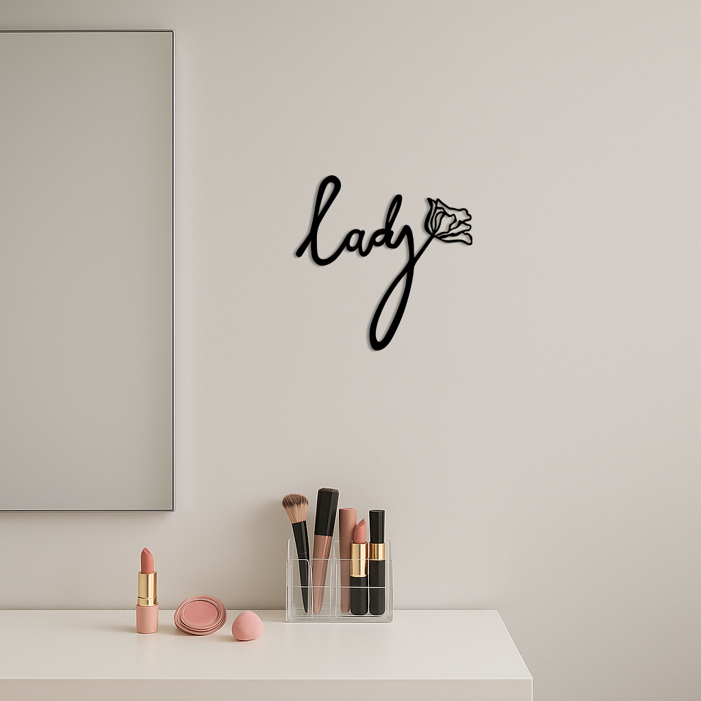 Lady Script Word Metal Wall Art – Elegant Floral Typography Decor - KAFGP096