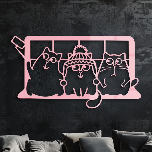 Funny Cats Taking Selfie Silhouette - Pink Metal Wall Art - KAFGP159