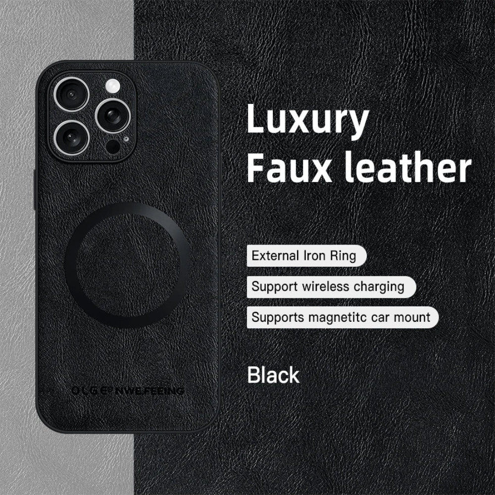 Vegan Leatther Magnetic charging compatible Phone Case for iPhone 13 to 17